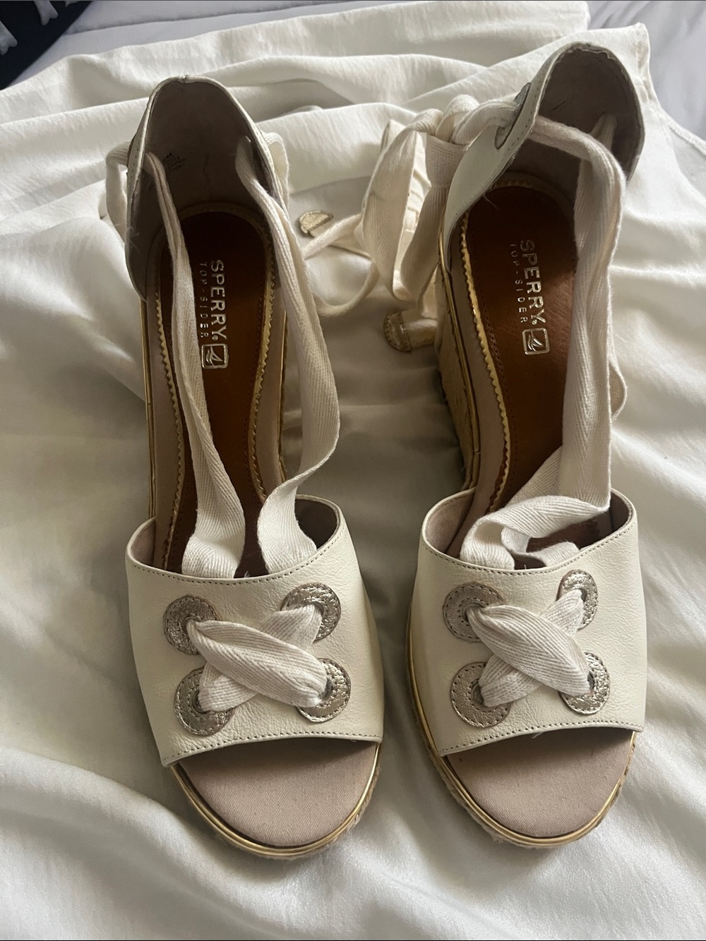 Sperry Ivory Lace-Up Espadrille Wedge Sandals